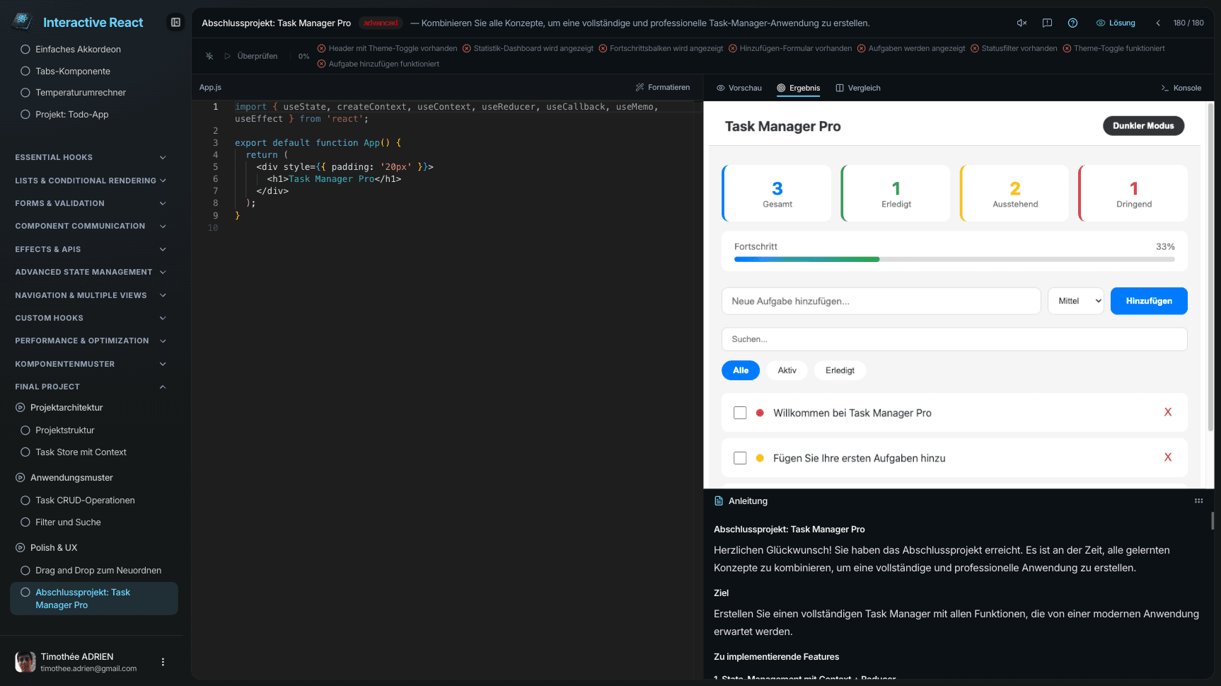 React Kurs-Oberfläche